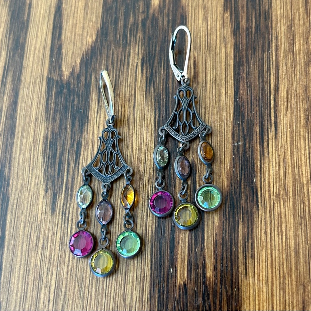 Gold and bronze chandelier earrings with multicolor gem details